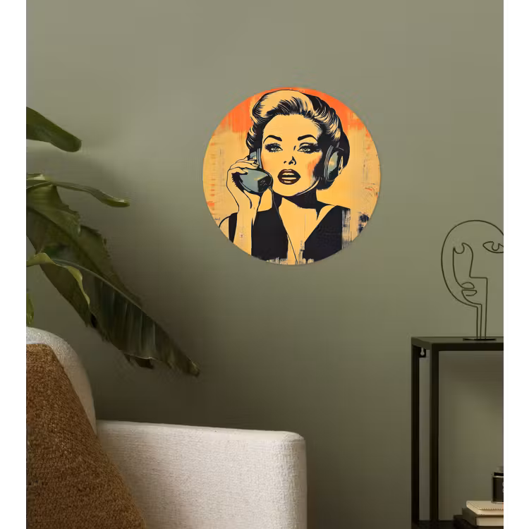 Behangcirkel - Retro - Vrouw - Koptelefoon - Oranje — 3