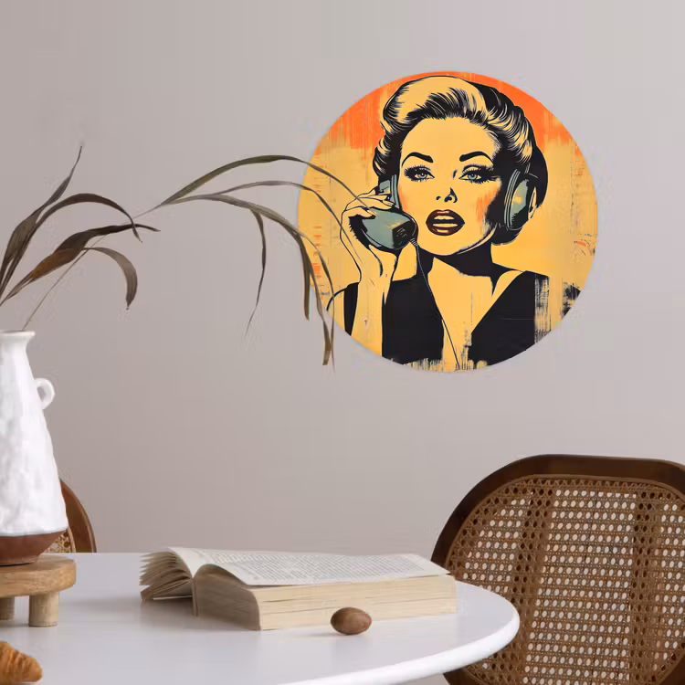 Behangcirkel - Retro - Vrouw - Koptelefoon - Oranje — 4