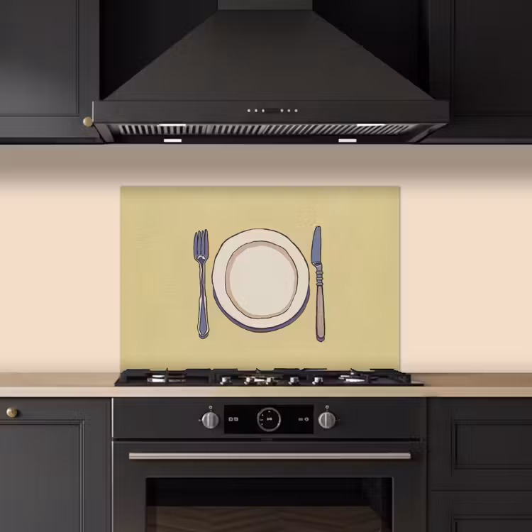 Spatscherm keuken - Illustratie - Bord - Bestek - Beige — 2