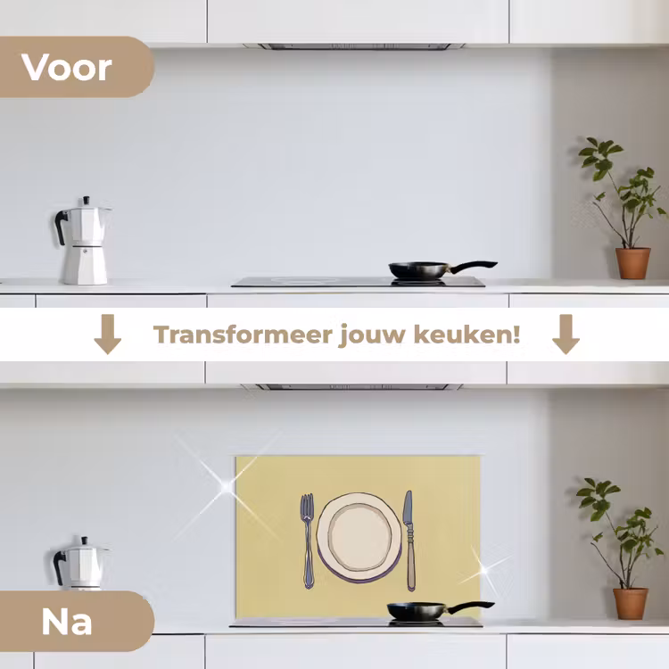 Spatscherm keuken - Illustratie - Bord - Bestek - Beige — 3