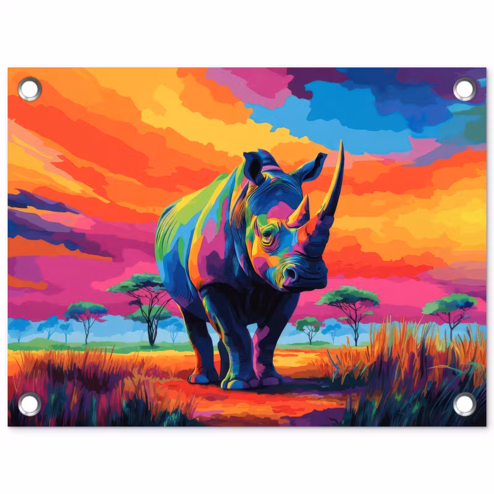Tuinposter - Neushoorn - Zonsondergang - Savanna - Kleurrijk — 1