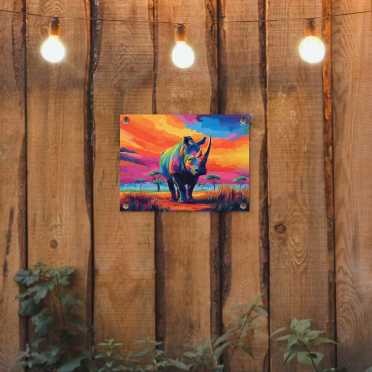 Tuinposter - Neushoorn - Zonsondergang - Savanna - Kleurrijk — 2