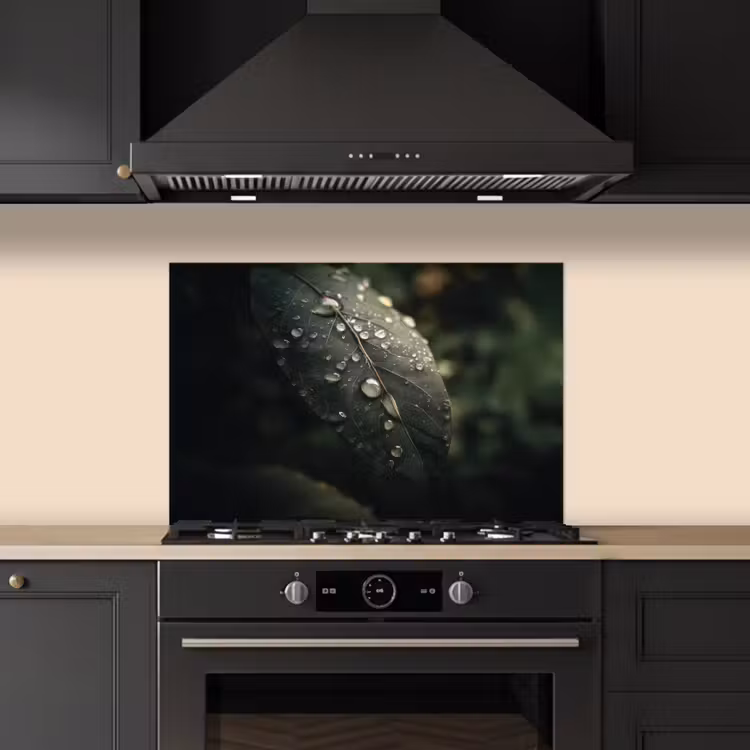 Spatscherm keuken - Blad - Groen - Nerven - Regendruppels — 2