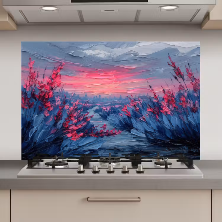 Spatscherm keuken - Schilderij - Zonsondergang - Bloemen - Rivier — 1