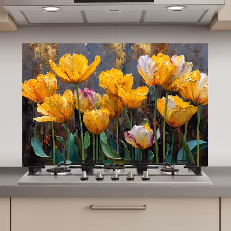 Spatscherm keuken - Tulpen - Geel - Penseelstreken - Abstract — 1