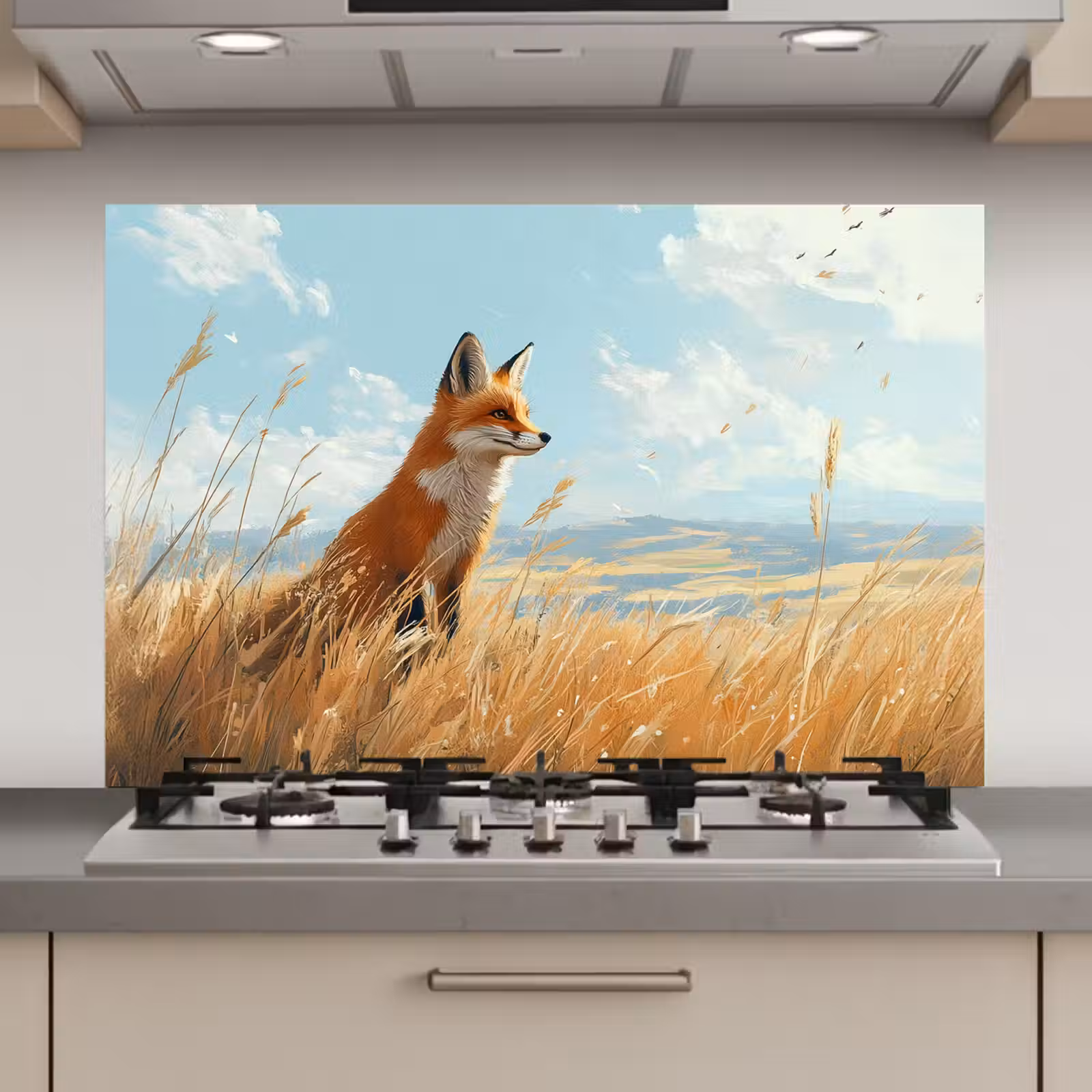 Spatscherm keuken - Vos - Gras - Wolken - Oranje — 1