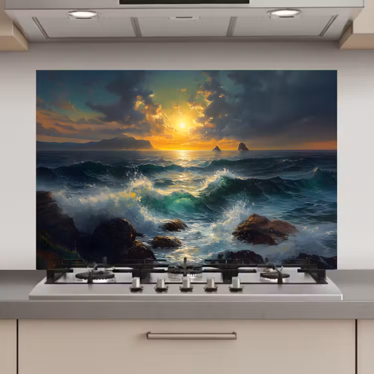 Spatscherm keuken - Zee - Zon - Golven - Rotsen — 1
