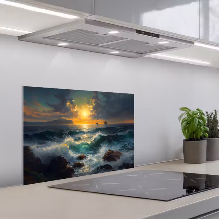 Spatscherm keuken - Zee - Zon - Golven - Rotsen — 5