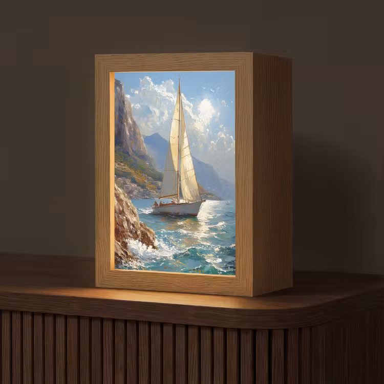 Tafellamp - Zeilschip - Zee - Rotsen - Wolken — 1