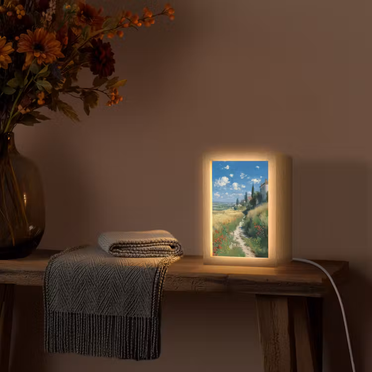Tafellamp - Zandpad - Huis - Bomen - Grasveld — 3