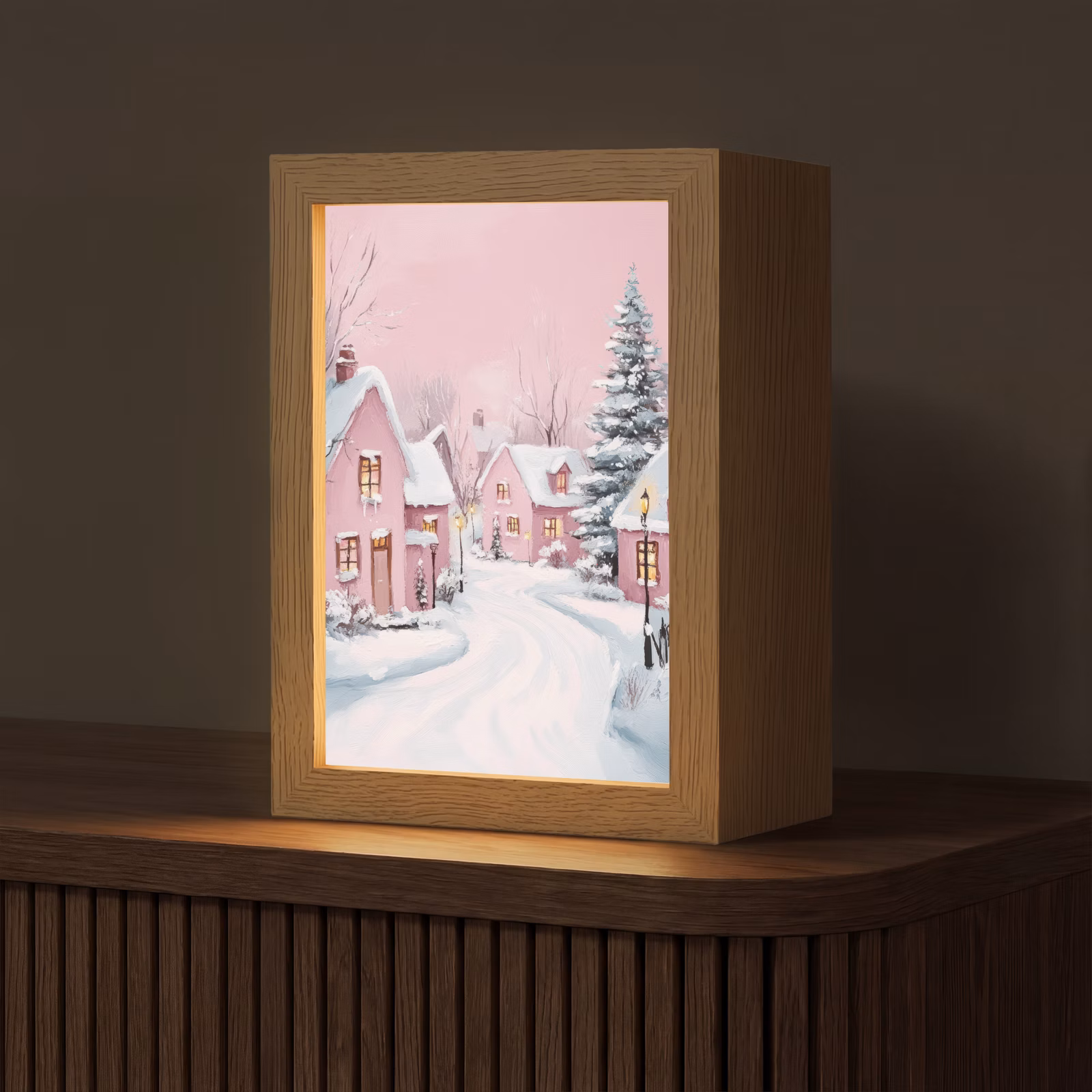 Tafellamp - Kerstdorp - Roze - Winter - Sneeuw - Huizen — 1