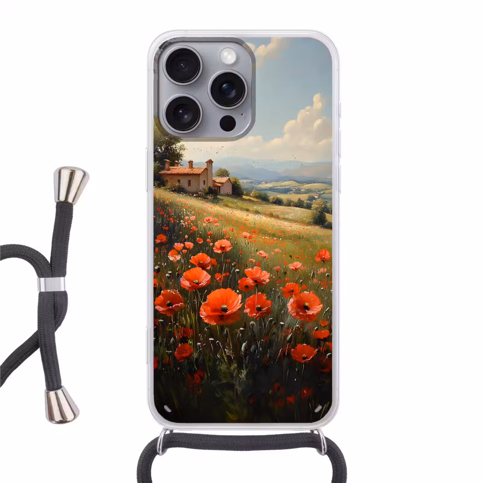 Telefoonhoesje met koord - Klaprozen - Rood - Heuvels - Landschap — 1