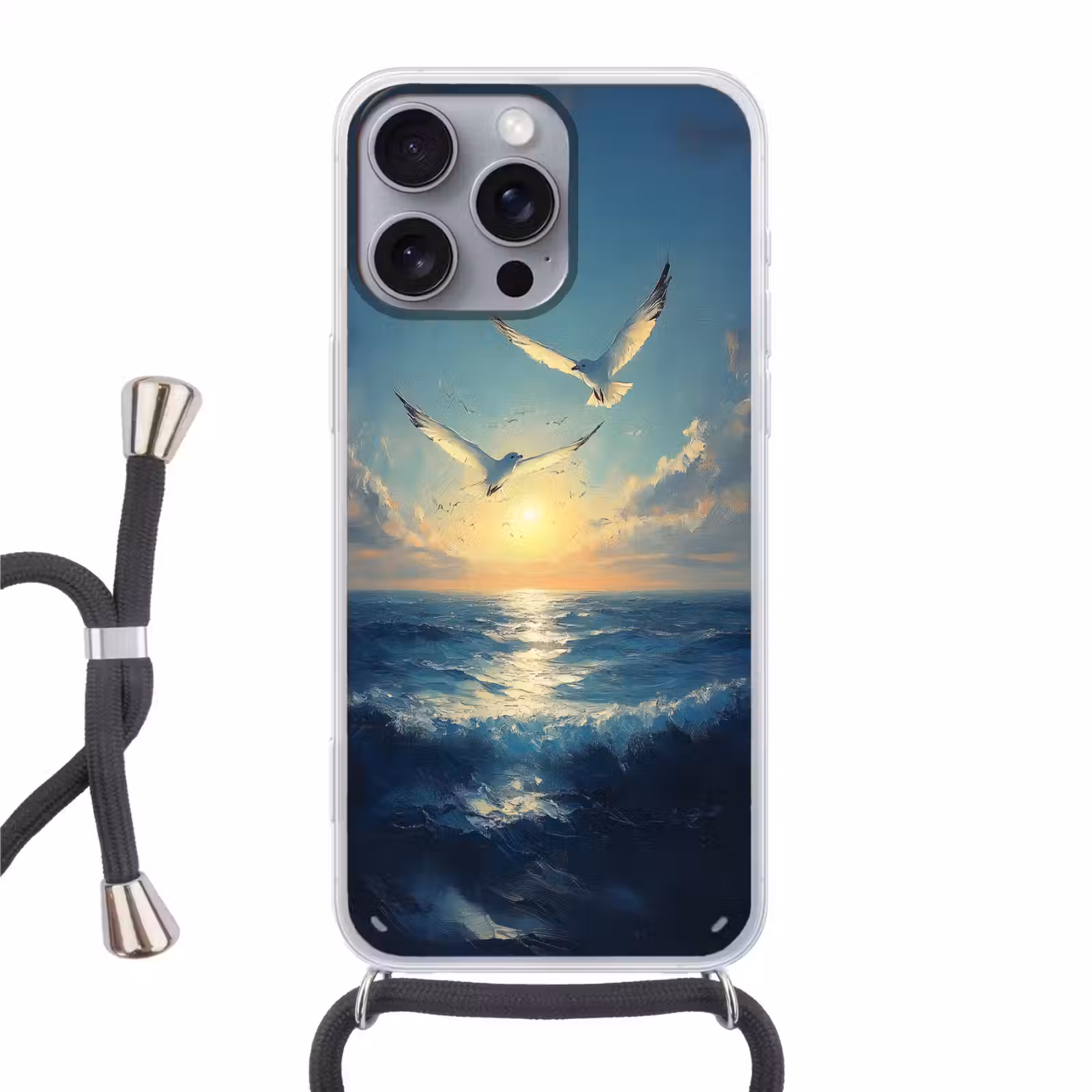 Telefoonhoesje met koord - Meeuwen - Zee - Wolken -Blauw — 1