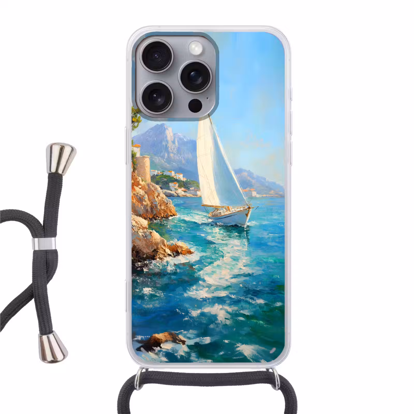 Telefoonhoesje met koord - Zeilboot - Rotsen - Kust - Huizen — 1