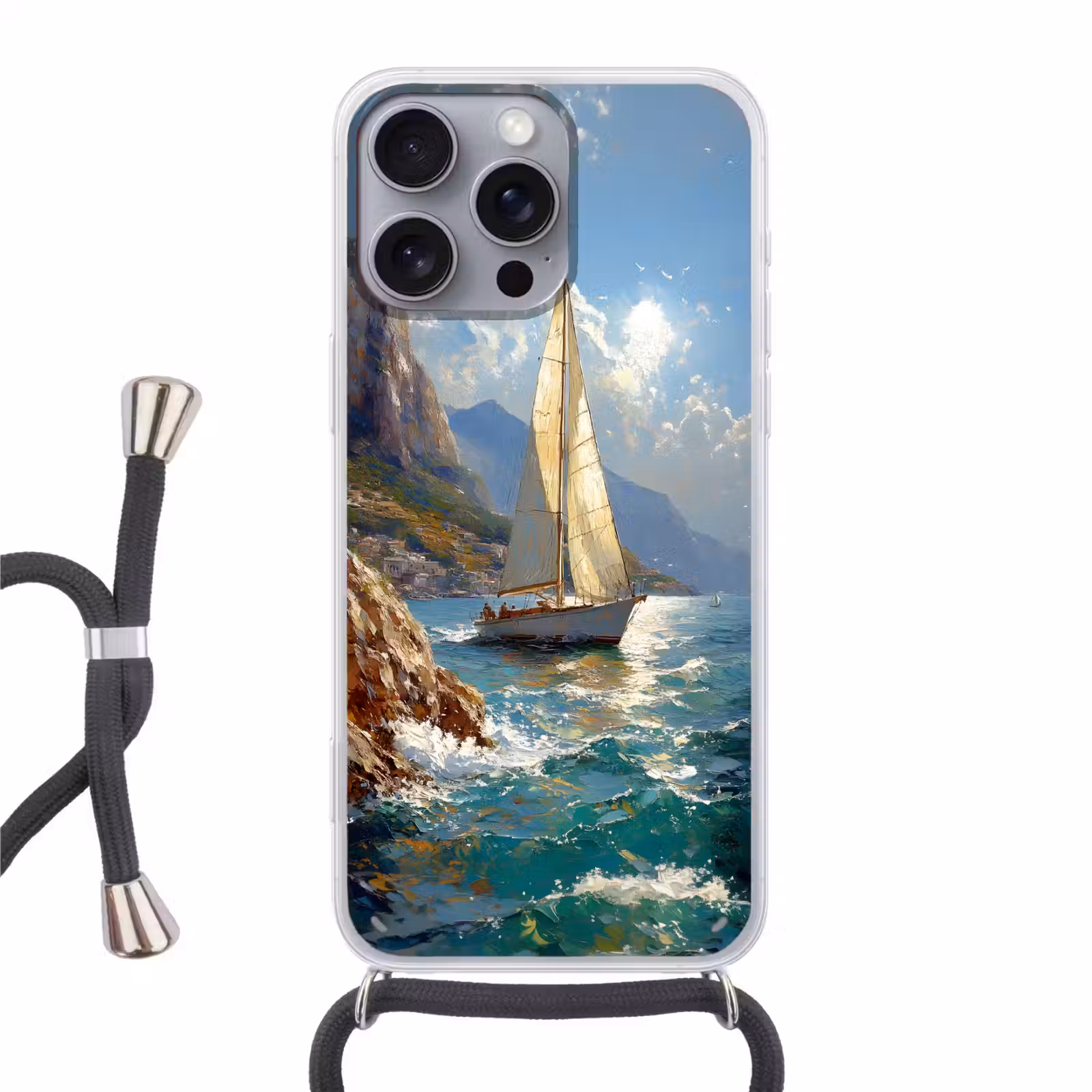 Telefoonhoesje met koord - Zeilschip - Zee - Rotsen - Wolken — 1