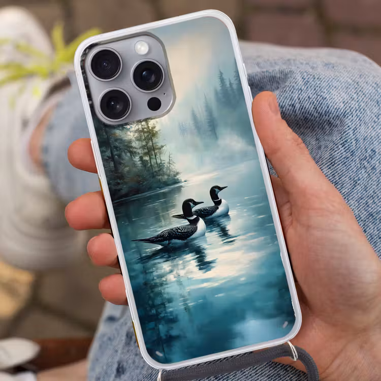 Telefoonhoesje met koord - Bos - Water - Eenden - Mistig — 2