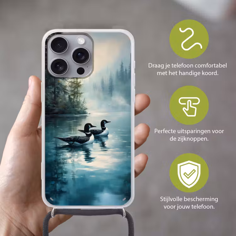 Telefoonhoesje met koord - Bos - Water - Eenden - Mistig — 4