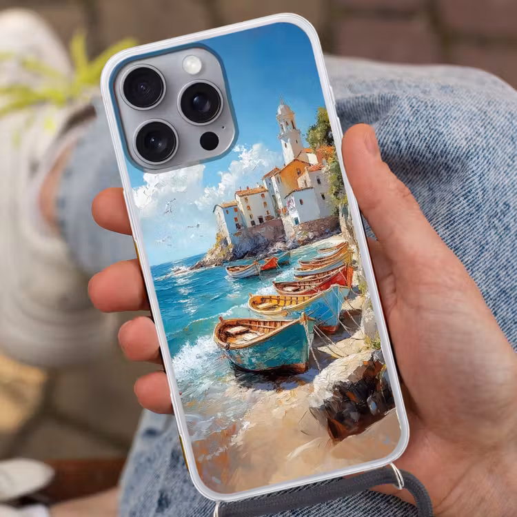 Telefoonhoesje met koord - Boten - Rotsen - Zee - Zon — 2