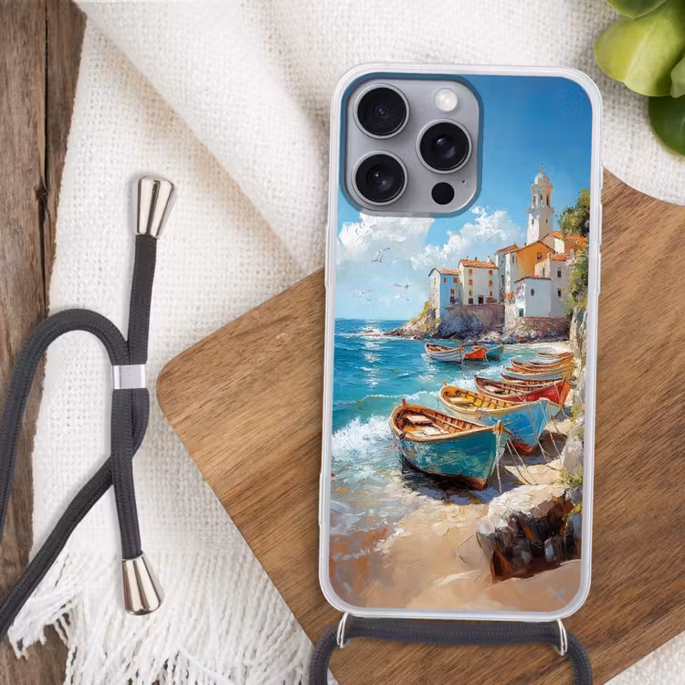 Telefoonhoesje met koord - Boten - Rotsen - Zee - Zon — 3