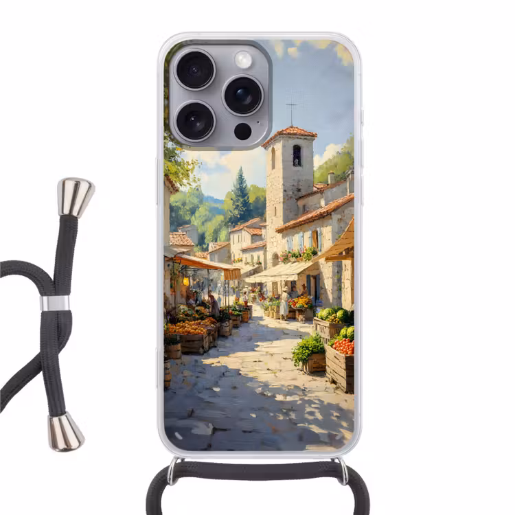 Telefoonhoesje met koord - Dorp - Zon - Kraampjes - Huizen — 1