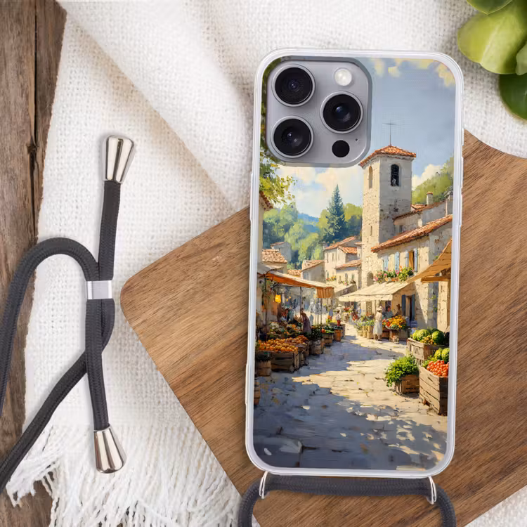 Telefoonhoesje met koord - Dorp - Zon - Kraampjes - Huizen — 3
