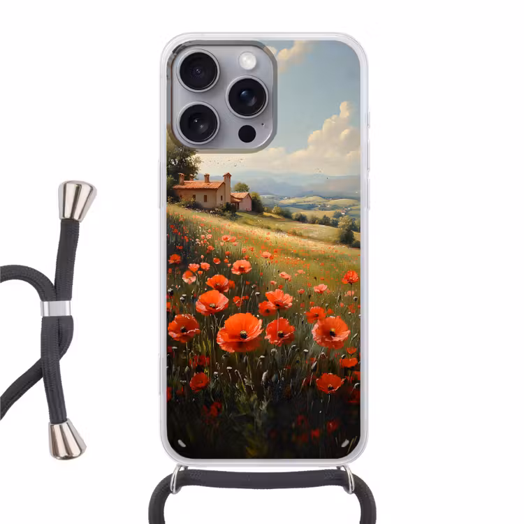Telefoonhoesje met koord - Klaprozen - Rood - Heuvels - Landschap — 1