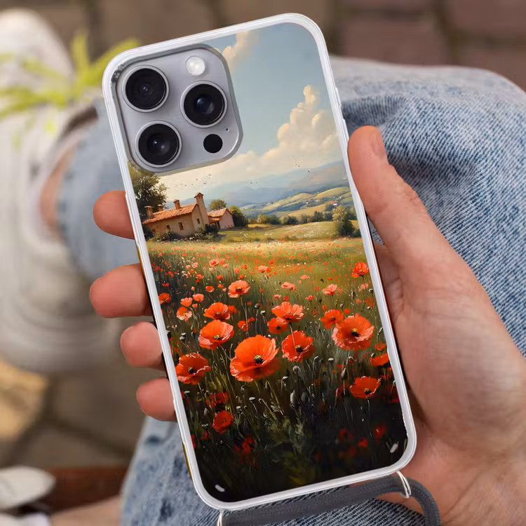 Telefoonhoesje met koord - Klaprozen - Rood - Heuvels - Landschap — 2