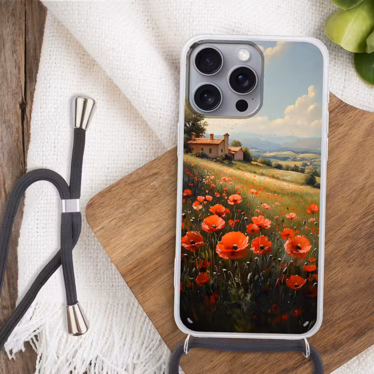 Telefoonhoesje met koord - Klaprozen - Rood - Heuvels - Landschap — 3