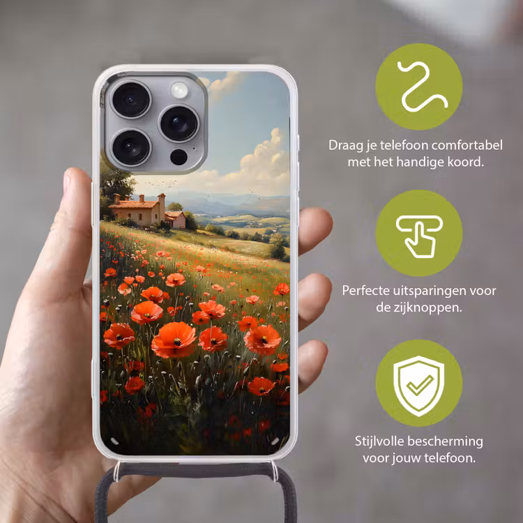 Telefoonhoesje met koord - Klaprozen - Rood - Heuvels - Landschap — 4