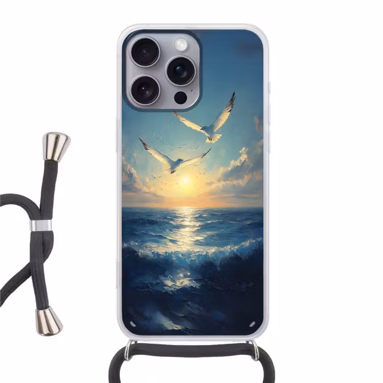 Telefoonhoesje met koord - Meeuwen - Zee - Wolken -Blauw — 1