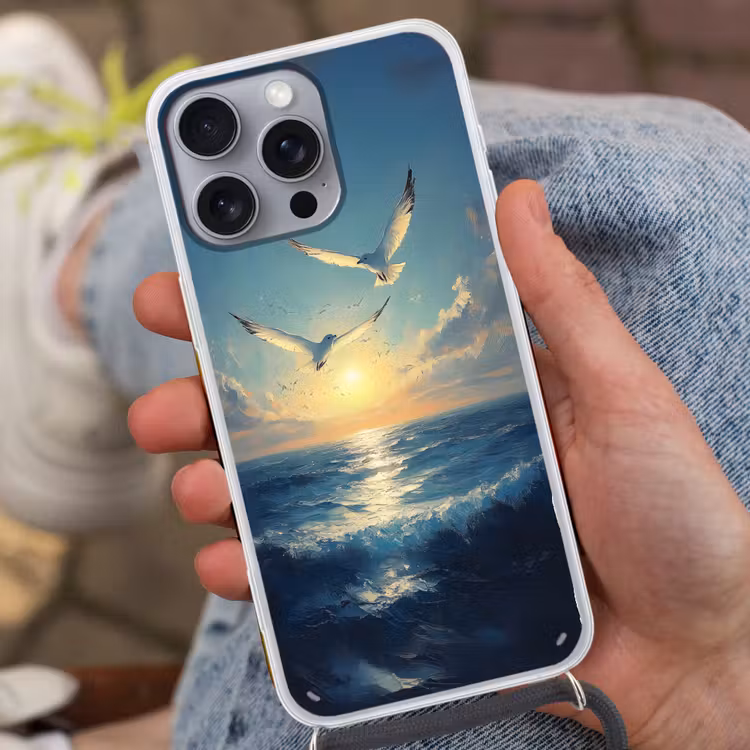 Telefoonhoesje met koord - Meeuwen - Zee - Wolken -Blauw — 2