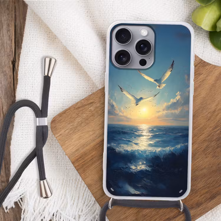 Telefoonhoesje met koord - Meeuwen - Zee - Wolken -Blauw — 3