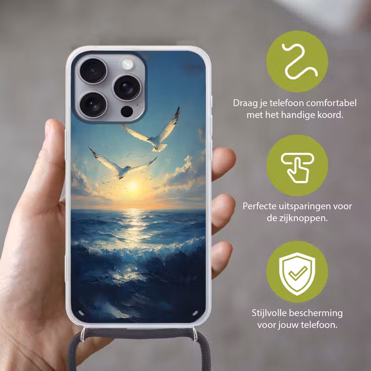 Telefoonhoesje met koord - Meeuwen - Zee - Wolken -Blauw — 4