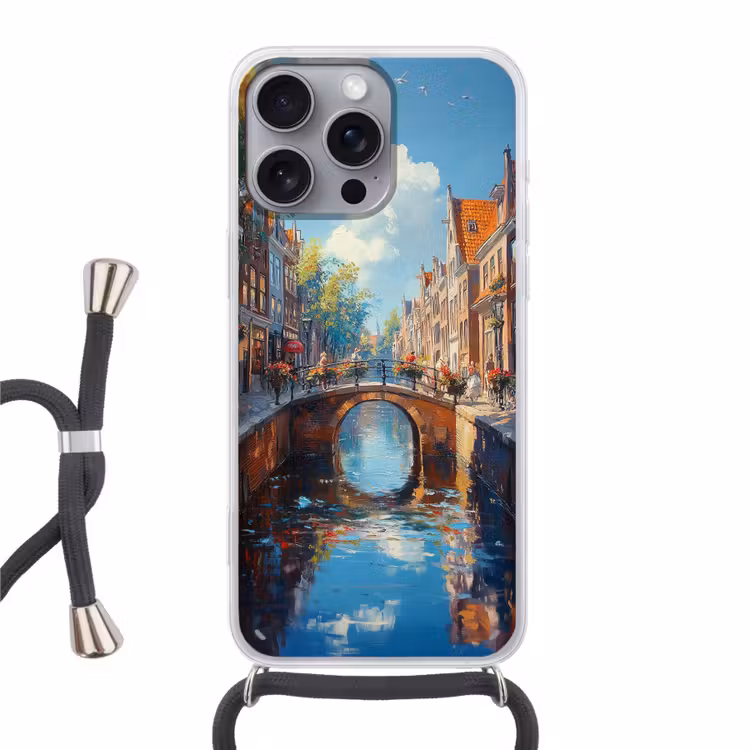 Telefoonhoesje met koord - Stad - Gracht - Zon - Fietsen — 1