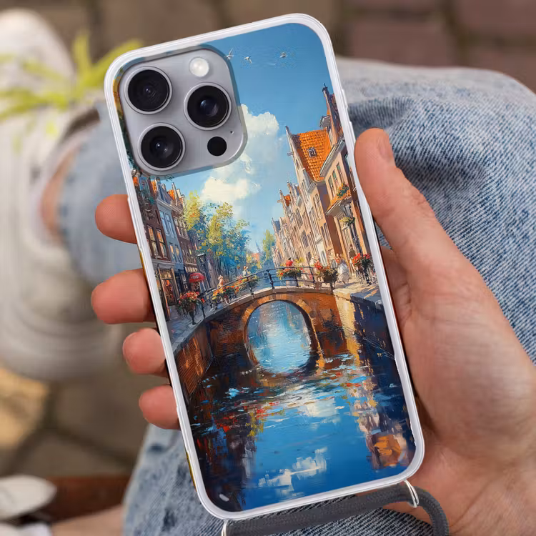 Telefoonhoesje met koord - Stad - Gracht - Zon - Fietsen — 2