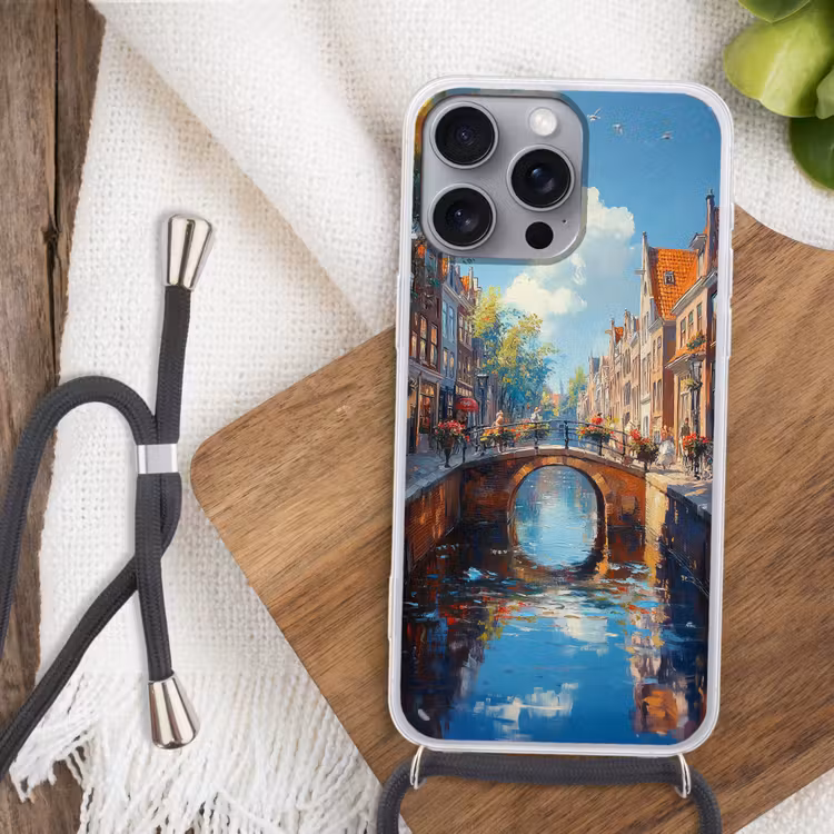 Telefoonhoesje met koord - Stad - Gracht - Zon - Fietsen — 3