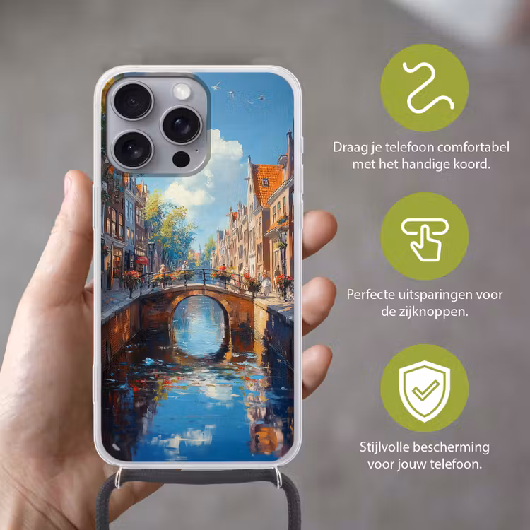 Telefoonhoesje met koord - Stad - Gracht - Zon - Fietsen — 4