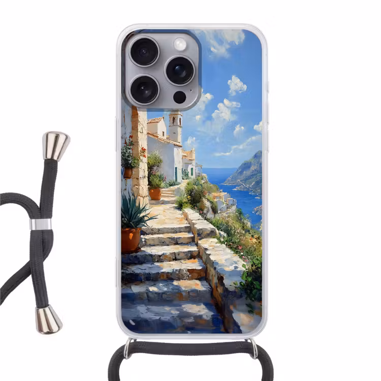 Telefoonhoesje met koord - Trap - Huizen - Berglandschap - Zee — 1