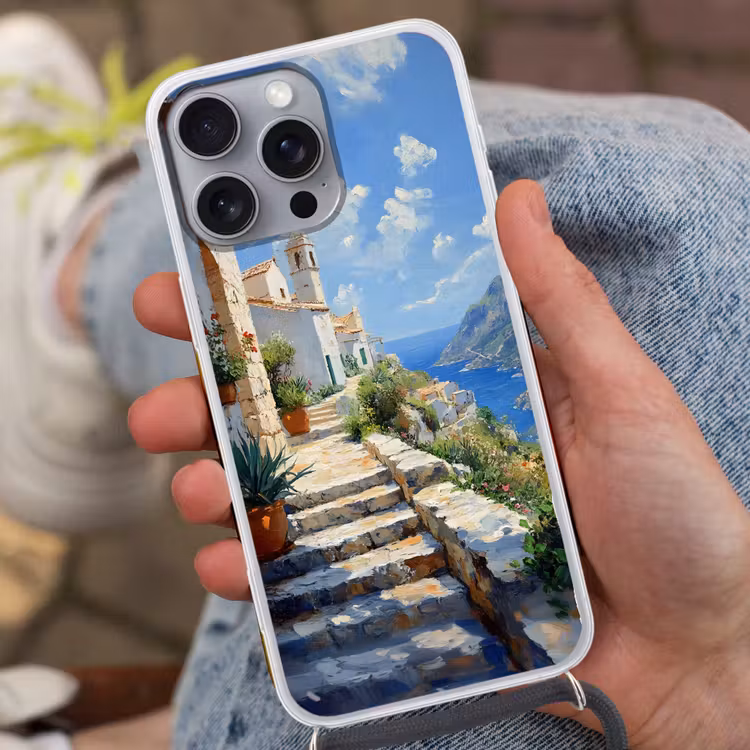 Telefoonhoesje met koord - Trap - Huizen - Berglandschap - Zee — 2