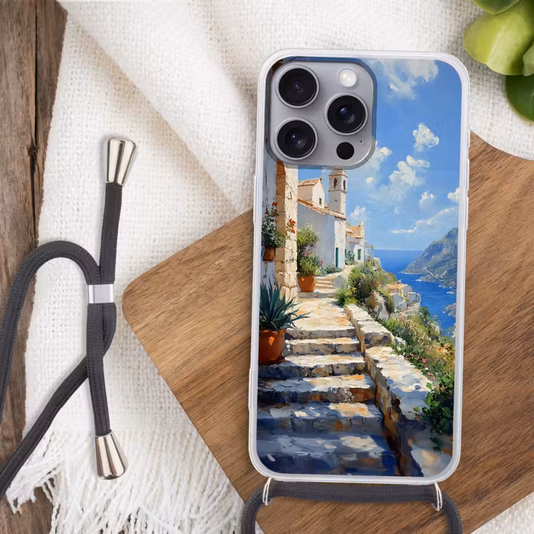 Telefoonhoesje met koord - Trap - Huizen - Berglandschap - Zee — 3