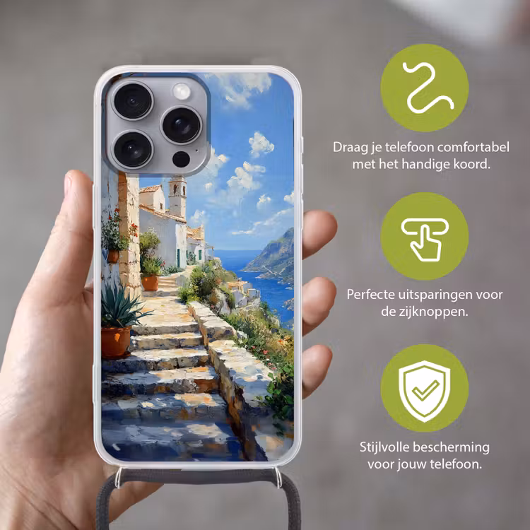 Telefoonhoesje met koord - Trap - Huizen - Berglandschap - Zee — 4