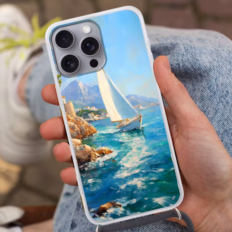 Telefoonhoesje met koord - Zeilboot - Rotsen - Kust - Huizen — 2