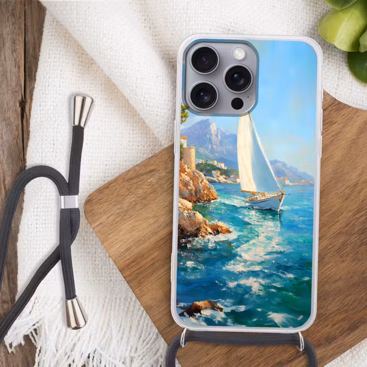 Telefoonhoesje met koord - Zeilboot - Rotsen - Kust - Huizen — 3
