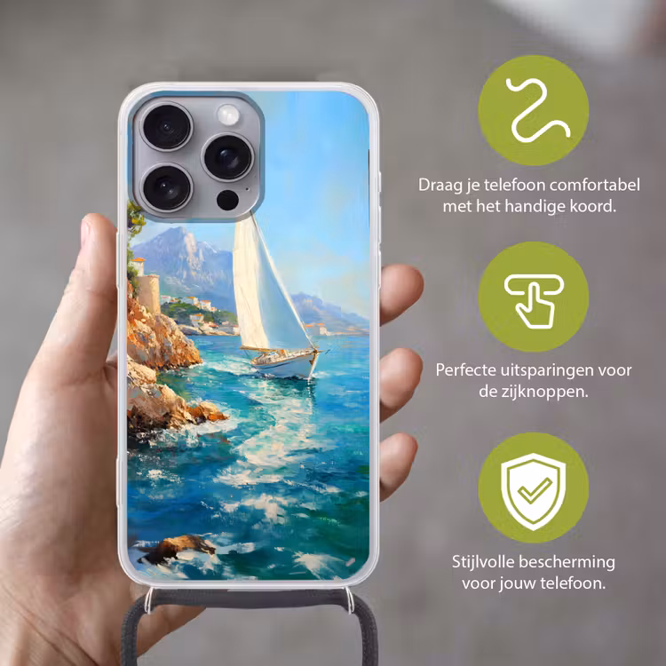 Telefoonhoesje met koord - Zeilboot - Rotsen - Kust - Huizen — 4