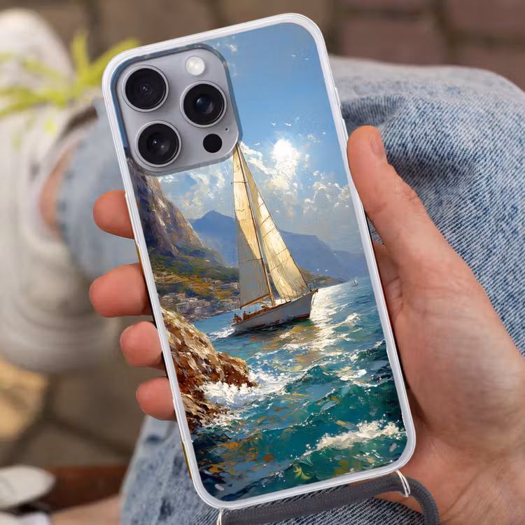 Telefoonhoesje met koord - Zeilschip - Zee - Rotsen - Wolken — 2