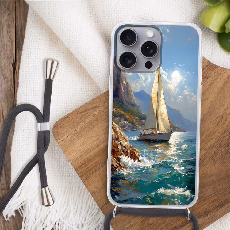 Telefoonhoesje met koord - Zeilschip - Zee - Rotsen - Wolken — 3