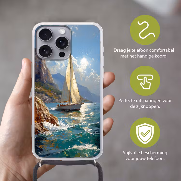 Telefoonhoesje met koord - Zeilschip - Zee - Rotsen - Wolken — 4