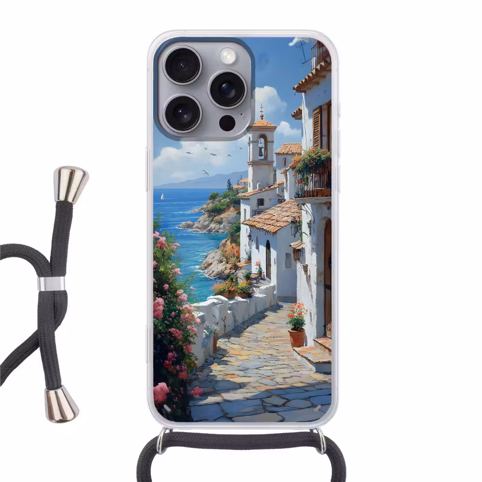 Telefoonhoesje met koord - Huizen - Zee - Bomen - Bloemen — 1