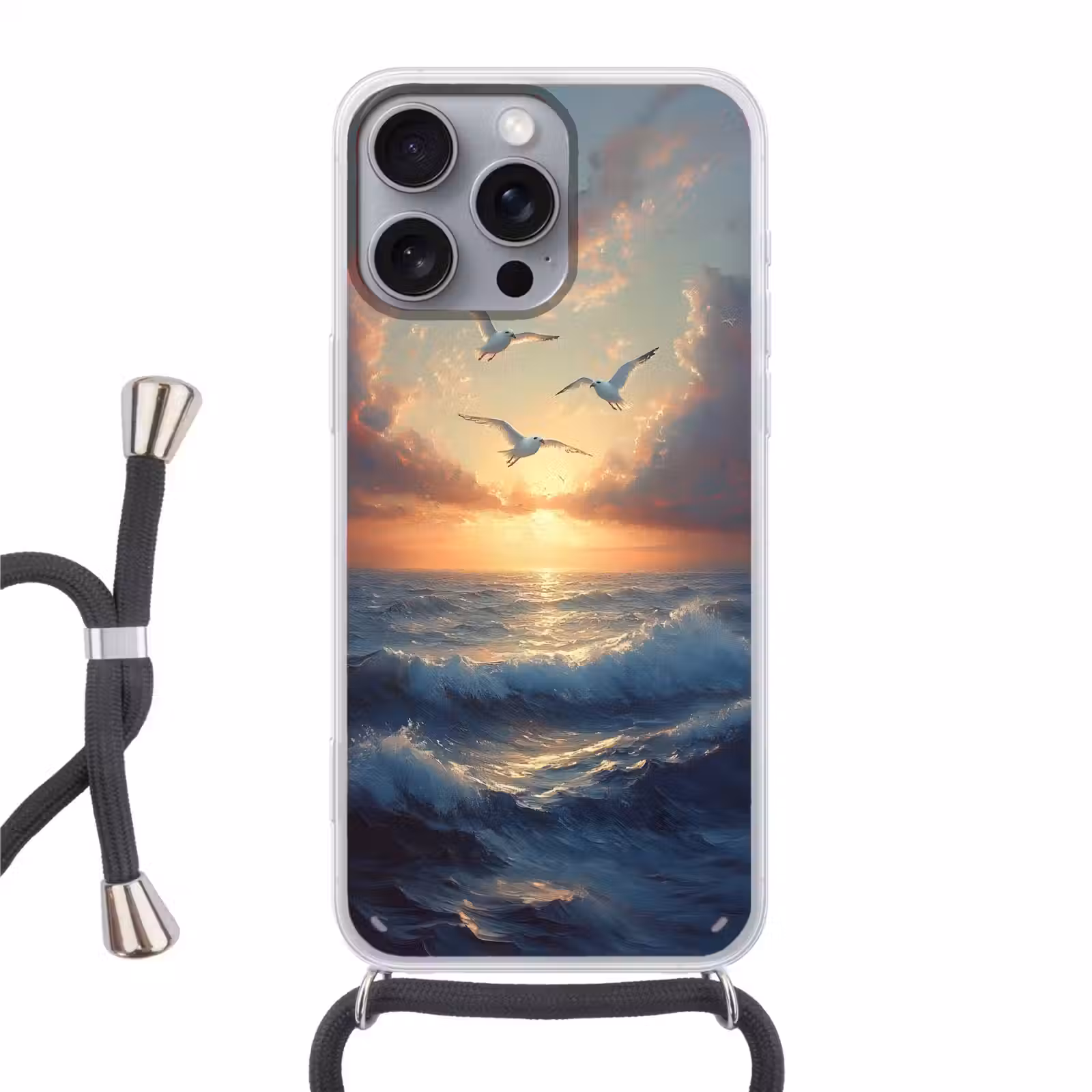 Telefoonhoesje met koord - Meeuwen - Zonsondergang - Zee - Wolken — 1