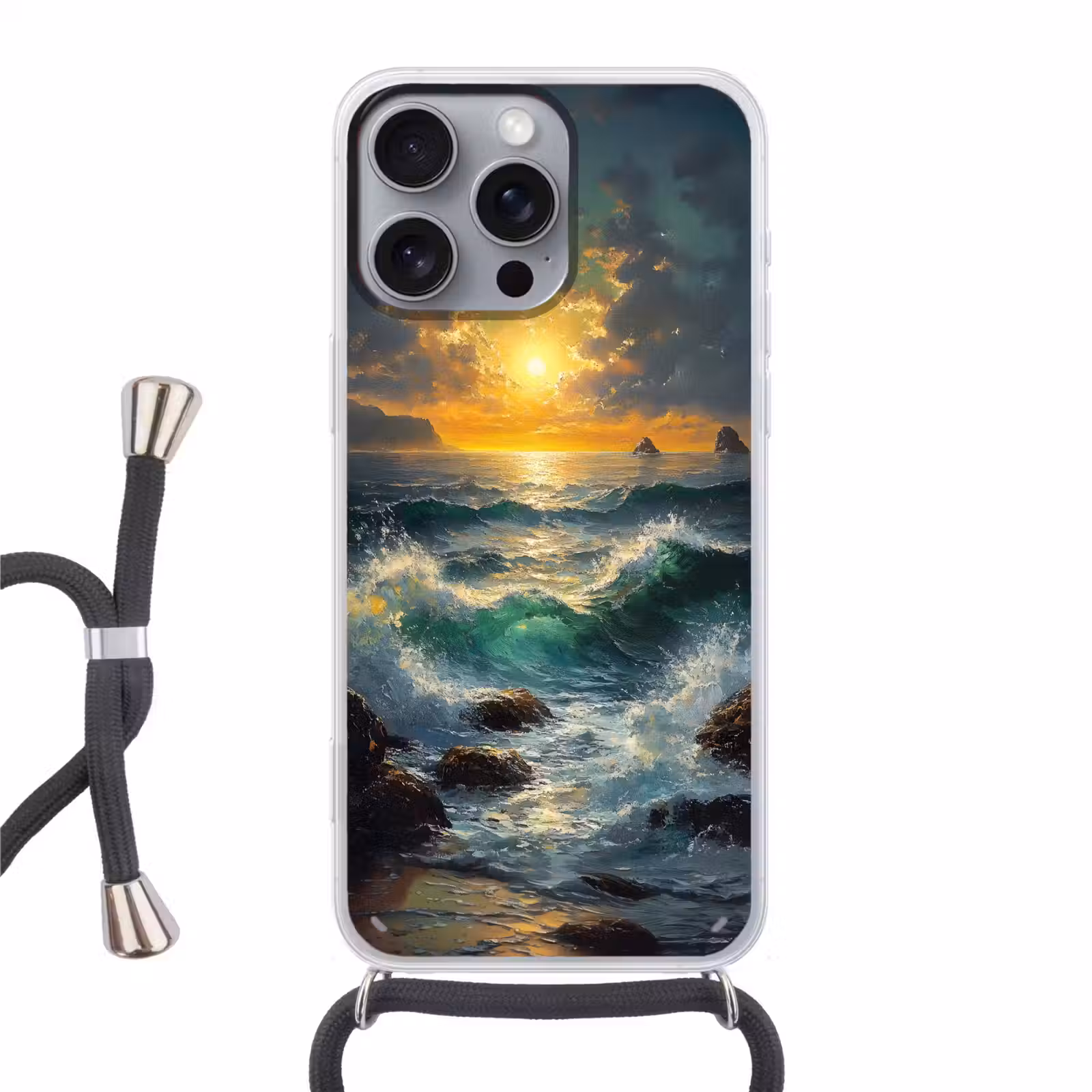 Telefoonhoesje met koord - Zee - Zon - Golven - Rotsen — 1